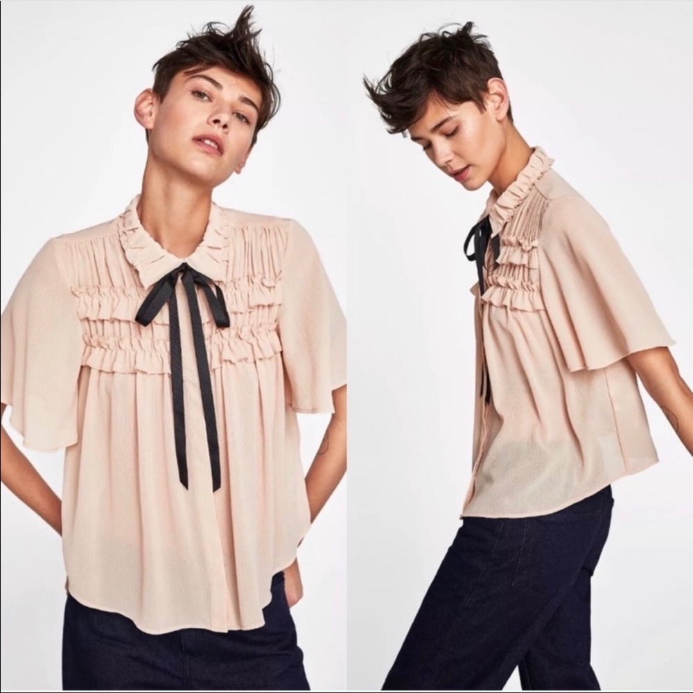 Zara Blush Pink Ruffled Short-Sleeve Blouse with Black Ribbon